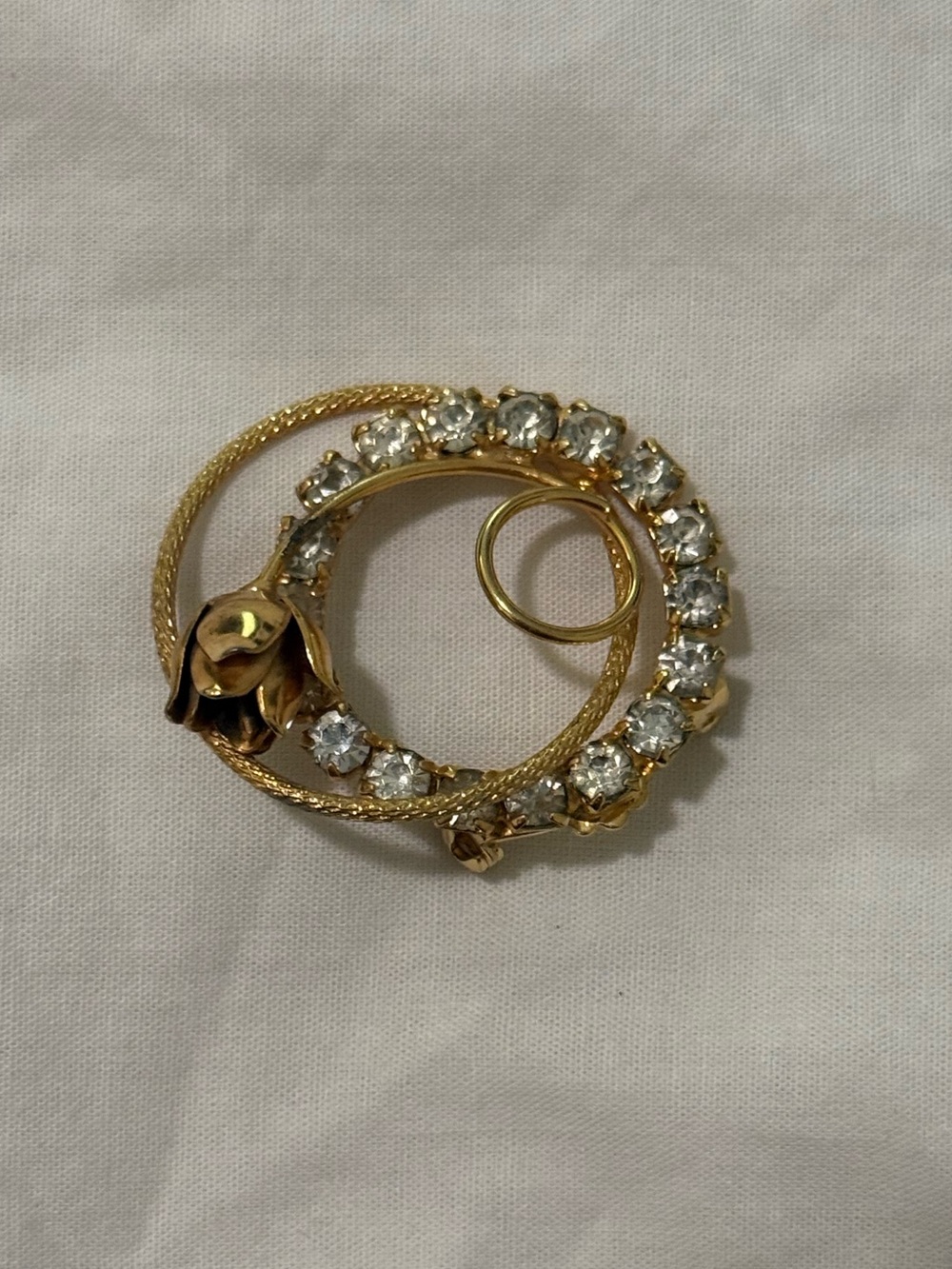 Gold-Tone Brooch with Rose and Rhinestones